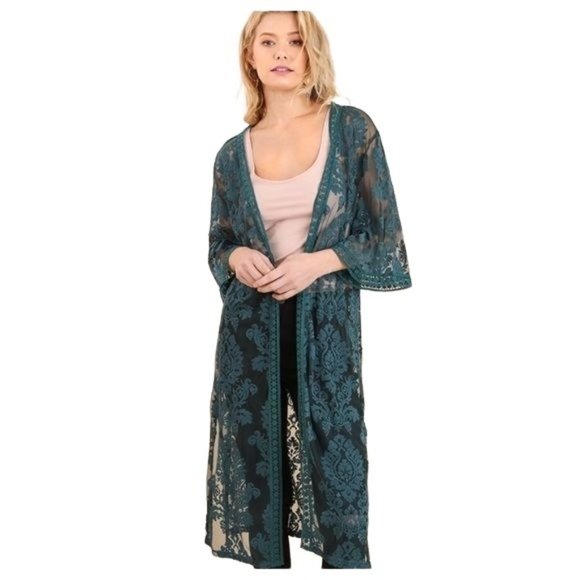 S/M Umgee Long lace open cardigan dark teal - Picture 1 of 8